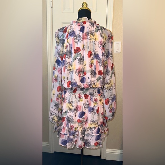 NSR Floral Long Sleeve Ruffle Neck Dress Smocked Waist - Picture 9 of 9